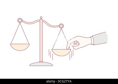 Making choice, measuring values concept. Human hand putting finger to one side on scales making decision and choice vector illustration Stock Vector