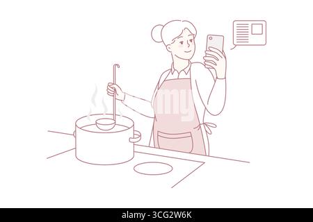 Elderly woman cooking soup at kitchen with online recipe on cellphone. Smiling modern old grandmother preparing food using cookbook or application on mobile. Vector illustration. Stock Vector
