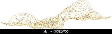 Abstract gold stipple flow wave, particle undulate pattern. Golden curved dashed gradient net. Vector dotted fluid wave line background for holiday Stock Vector