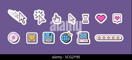 Retro 90s computer sticker pack with pixel cursor, floppy disk, CD, hourglass, heart, chat bubble, monitor. Concept of nostalgia, vintage technology Stock Vector