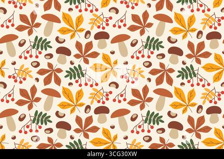 autumn seamless pattern with rowan, chestnut and mushroom icons - vector illustration Stock Vector