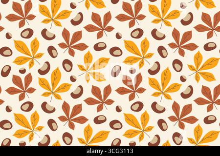 seamless pattern with chestnut leaves and nuts; autumn background - vector illustration Stock Vector