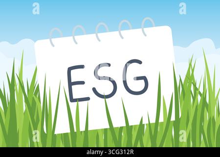ESG  Environment Social Governance written on spiral notebook in the green grass against blue sky- vector illustration Stock Vector