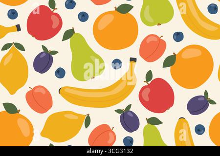 fruits seamless pattern with apple, pear, orange, lemon, banana, berry, peach icons; great for packaging for organic food products - vector illustrati Stock Vector