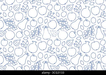 autumn fruits seamless pattern with apple, pear, fig, grapes, rosehip, pomegranate, gooseberries peach icons; great for packaging for organic food pro Stock Vector