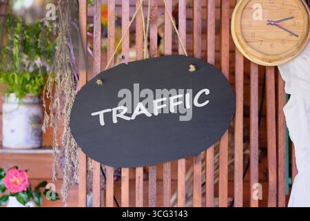 Smart city digital transformation development concept. Copy space. TRAFFIC word written on a decorative wooden board. Stock Photo