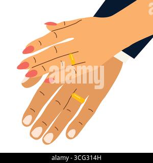 bride and groom hands with wedding rings- vector illustration Stock Vector