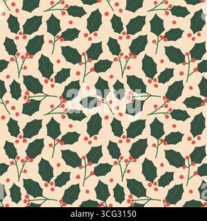 seamless pattern with holly berry branches with berries and leaves; christmas background - vector illustration Stock Vector