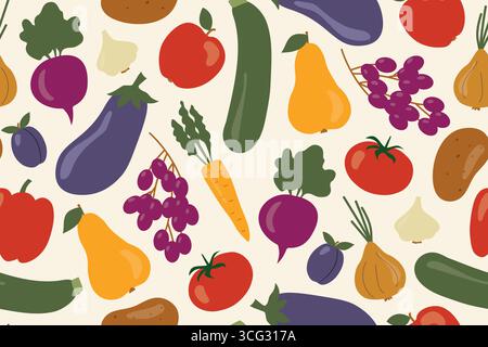 autumn vegetables and fruits seamless pattern; great for packaging for organic food products, decorative elements on kitchenware - vector illustration Stock Vector