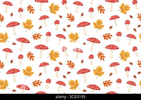 toadstools seamless pattern with colorful leaves, autumn, mushroom background- vector illustration Stock Vector