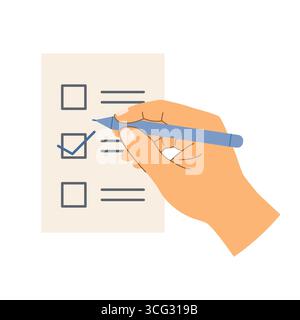 hand with pen ticking choice on a ballot, to do list, questionnaire - vector illustration Stock Vector