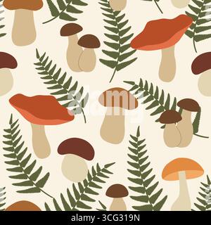 seamless pattern with different edible mushrooms and fern leaves; autumn background - vector illustration Stock Vector