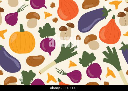 seamless autumn vegetable and mushroom pattern: chanterelles, boletus, pumpkin, leek, red onion, potato, hazelnut, beetroot- vector illustration Stock Vector