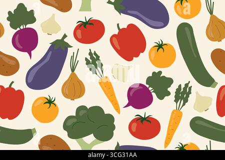 colorful seamless vegetable pattern: onion, garlic, zucchini, eggplant, potato, beetroot, carrot, broccoli, pepper, tomato- vector illustration Stock Vector
