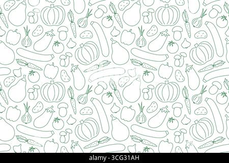 green autumn vegetables seamless pattern with pepper, eggplant, mushroom, tomato, onion, carrot, potato, garlic, zucchini, pumpkin,  icons; great for Stock Vector