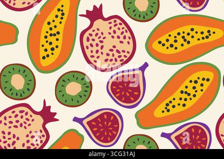 tropical fruits seamless pattern: pomegranate, kiwi, papaya and fig; is ideal for creating vibrant and fresh designs for product packaging, textiles, Stock Vector
