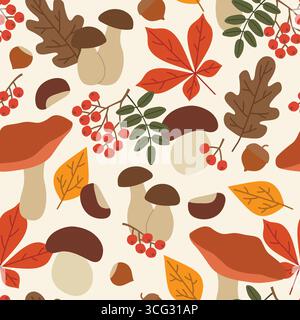 seamless pattern with different edible mushrooms, rowan twigs, acorns, hazelnut and leaves; autumn background - vector illustration Stock Vector