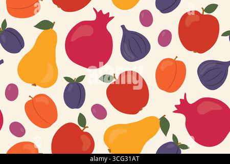 autumn fruits seamless pattern with apple, pear, fig, grapes, pomegranate, peach icons; great for packaging for organic food products - vector illustr Stock Vector