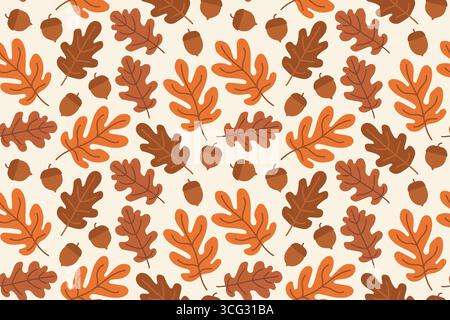 seamless pattern with oak leaves and acorns; autumn background - vector illustration Stock Vector