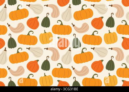 seamless pattern with colorful pumpkins; autumn, Thanksgiving, Halloween background- vector illustration Stock Vector