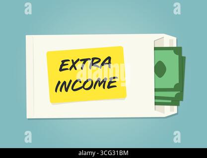 cash-filled envelope labeled Extra Income; symbolizing financial gain, budgeting, or side hustle earnings; perfect for financial planning, business, o Stock Vector