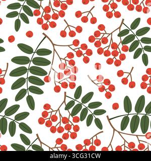 seamless pattern with bunch of rowan with green leaves; autumn background - vector illustration Stock Vector