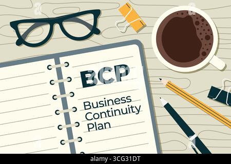 BCP; Business Continuity Plan written in a notebook on wooden table; perfect for presentations, reports, training materials, or blog posts focused on Stock Vector