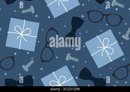 Father's Day seamless pattern with present, bow tie, eyeglasses, screw icons- vector illustration Stock Vector
