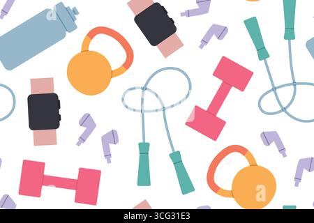 gym, fitness, sport seamless pattern with water bottle, dumbbell, watch, headphones, kettle and jump rope icons- vector illustration Stock Vector