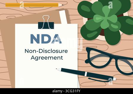 NDA Non-Disclosure Agreement in a flat lay view on a wooden desk; ideal for legal, corporate, and confidentiality-themed projects- vector illustration Stock Vector