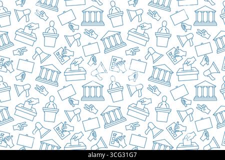 seamless vote pattern with ballot box, hand with banner, hand marking a choice on a ballot, politician on the lectern, goverment building, victory sig Stock Vector