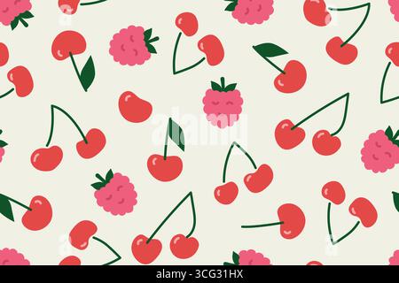 seamless pattern with cherry and raspberry fruits, perfect for summer-themed apparel, home decor, packaging, stationery items and and greeting cards - Stock Vector