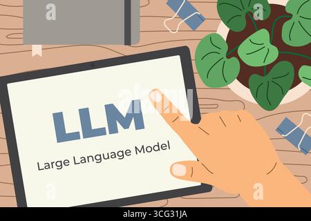 hand interacting with a digital tablet displaying LLM – symbolizing artificial intelligence, machine learning, and modern language processing technolo Stock Vector