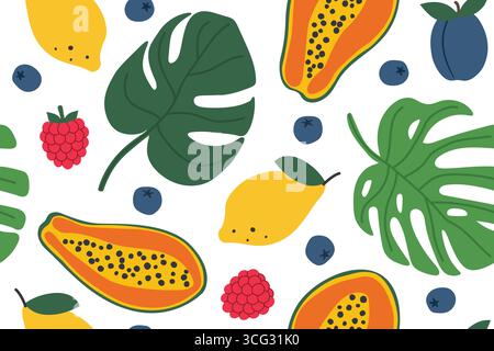 seamless colorful summer pattern with monstera leaves, papaya, lemon, plum, berry and raspberry fruits- vector illustration Stock Vector