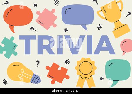 Trivia word with speech bubbles, puzzles, question marks, lightbulb and award icons – perfect for quiz night posters, educational materials, brain gam Stock Vector