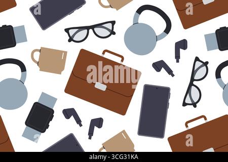 Father's Day, modern man seamless pattern briefcase, headphones, caffee, watch, smartphone, kettlebell and eyeglasses icons- vector illustration Stock Vector