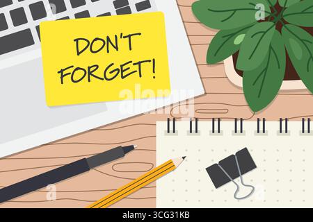 Don't forget written on a sticky note on office desk; ideal for productivity, reminders, time management, or workplace organization themes- vector ill Stock Vector