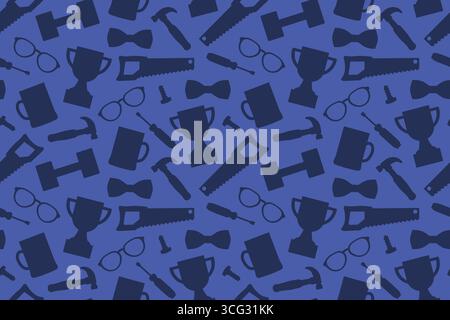 Father's Day seamless pattern with trophy, bow tie, screwdriver, dumbbell, saw, hammer, eyeglasses icons- vector illustration Stock Vector
