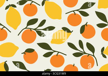 summer seamless pattern with lemon and orange fruits with leaves- vector illustration Stock Vector