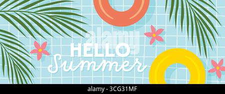 hello summer banner, swimming pool, float rings, flowers and palm leaves; perfect for seasonal promotions, holiday designs, and summer-themed projects Stock Vector