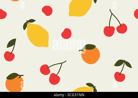 summer seamless pattern with lemon, orange and cherry fruits with leaves- vector illustration Stock Vector