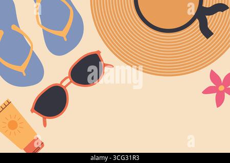 summer beach essentials: sunglasses, straw hat, flip flops and SPF cream flat lay composition with copy space- vector illustration Stock Vector