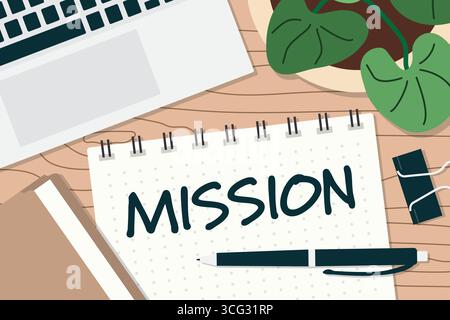 mission word written in a notebook on wooden table; flat lay view; ideal for use in business presentations, branding materials, motivational content - Stock Vector