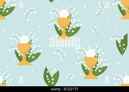 seamless pattern with holy communion chalice and lily of the valley flowers; great for wrapping, greeting cards, invitations- vector illustration Stock Vector