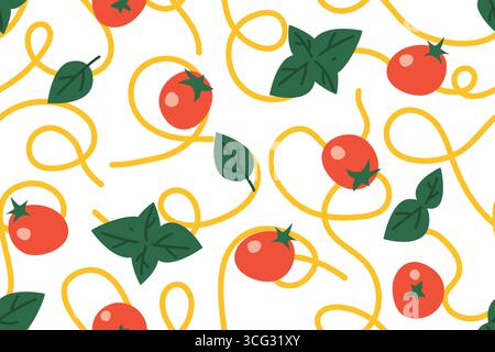 italian pasta seamless pattern: spaghetti, cherry tomatoes and basil leaves; ideal for kitchen-themed designs, restaurant branding, wrapping paper, or Stock Vector
