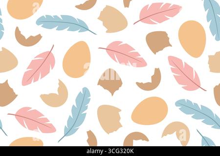seamless pattern with eggs, broken egg shells and colorful feathers; Easter background- vector illustration Stock Vector
