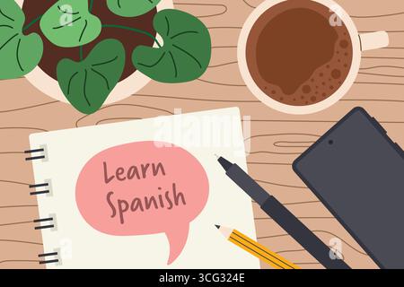 learn spanish written on a spiral notebook; perfect for language learning materials, classroom posters, or educational social media content- vector il Stock Vector