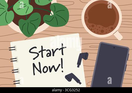Start now written on a spiral notebook; ideal for use in self-improvement blogs, coaching websites, business presentations, or motivational materials- Stock Vector
