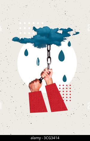 Artwork banner vertical photo collage of human hands pull chain metal trap autumn season weather cyclone rainfall thunder Stock Photo