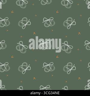 Vector seamless pattern with bagels and bows. Sweet seamless pattern with Christmas sweets and pastries. White and gold bagels on green background. Vector illustration. Stock Vector